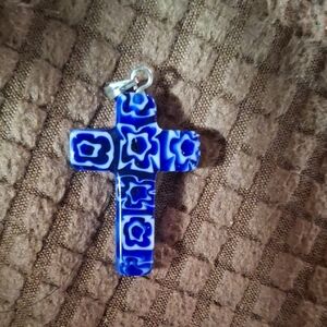 Blue Floral Glass Cross Pendant